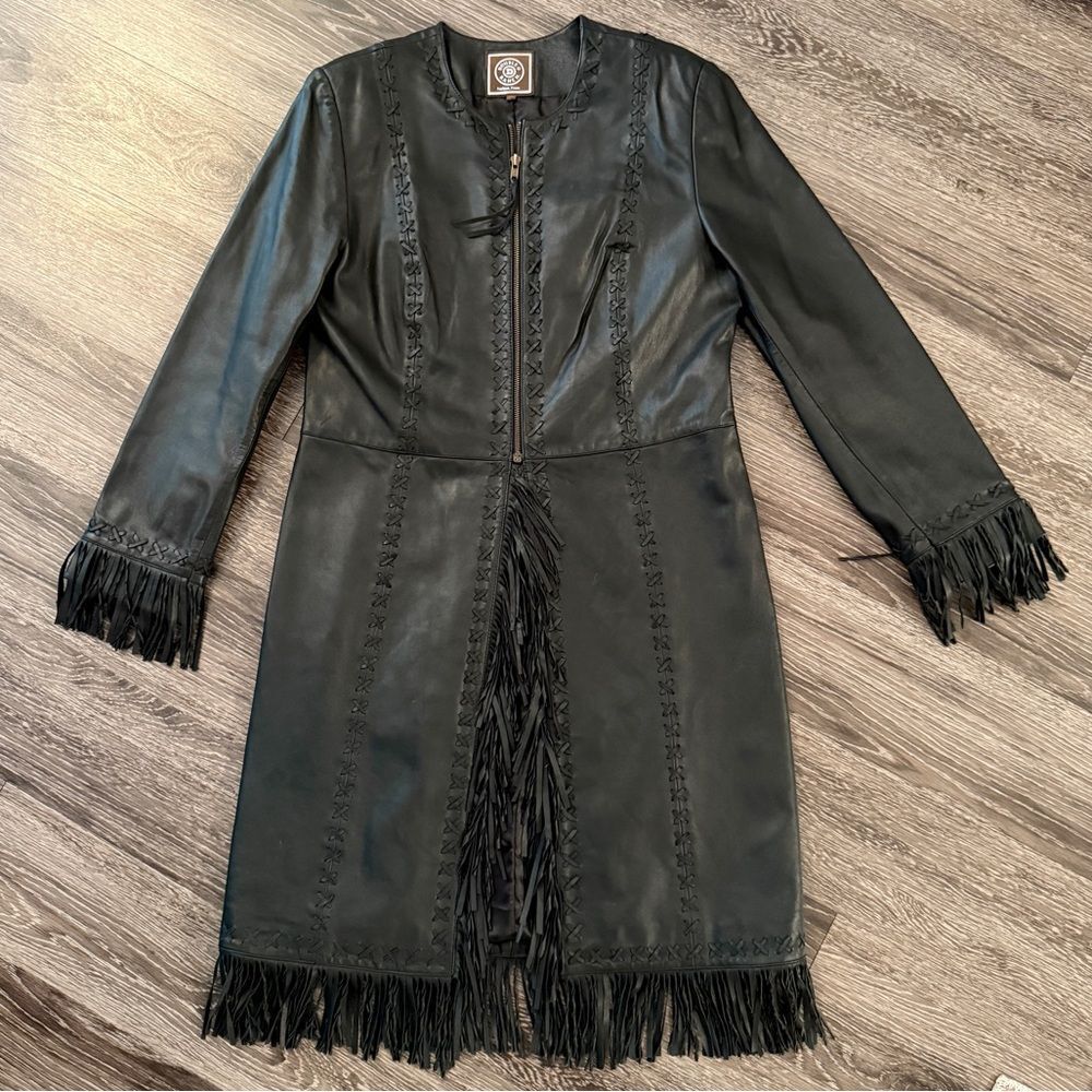 Double D Ranch Black Leather Jacket with Fringe